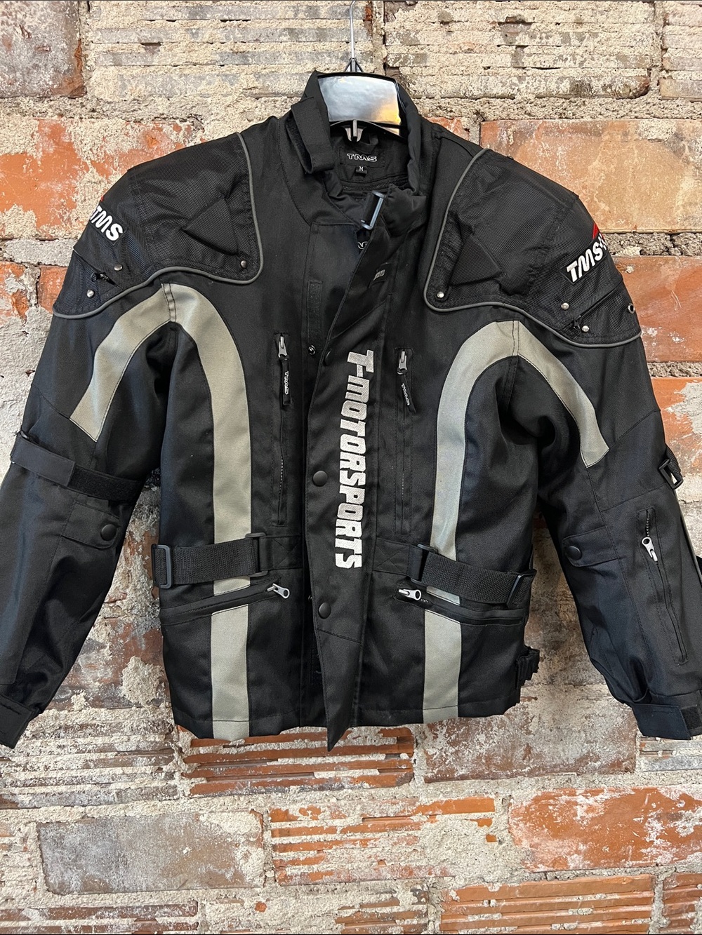 Men’s TMS Black Biker Jacket Sz Medium ZIp Up 
T- Motorsports Zip Front